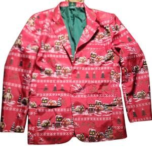 Unisex Christmas Santa Reindeer Snowy Cabin Snowman Holiday Blazer Med